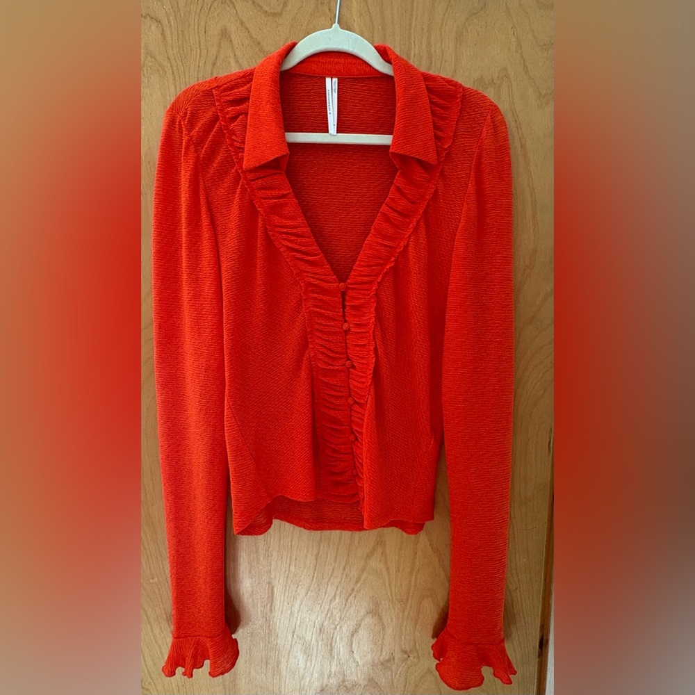 By Anthropologie Fiery Red-Orange Ruffled Button-Down Top - size medium NWOT